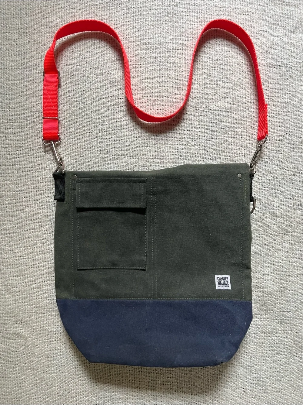 Chester Wallace Green Canvas Tote with Navy Base and Orange Strap